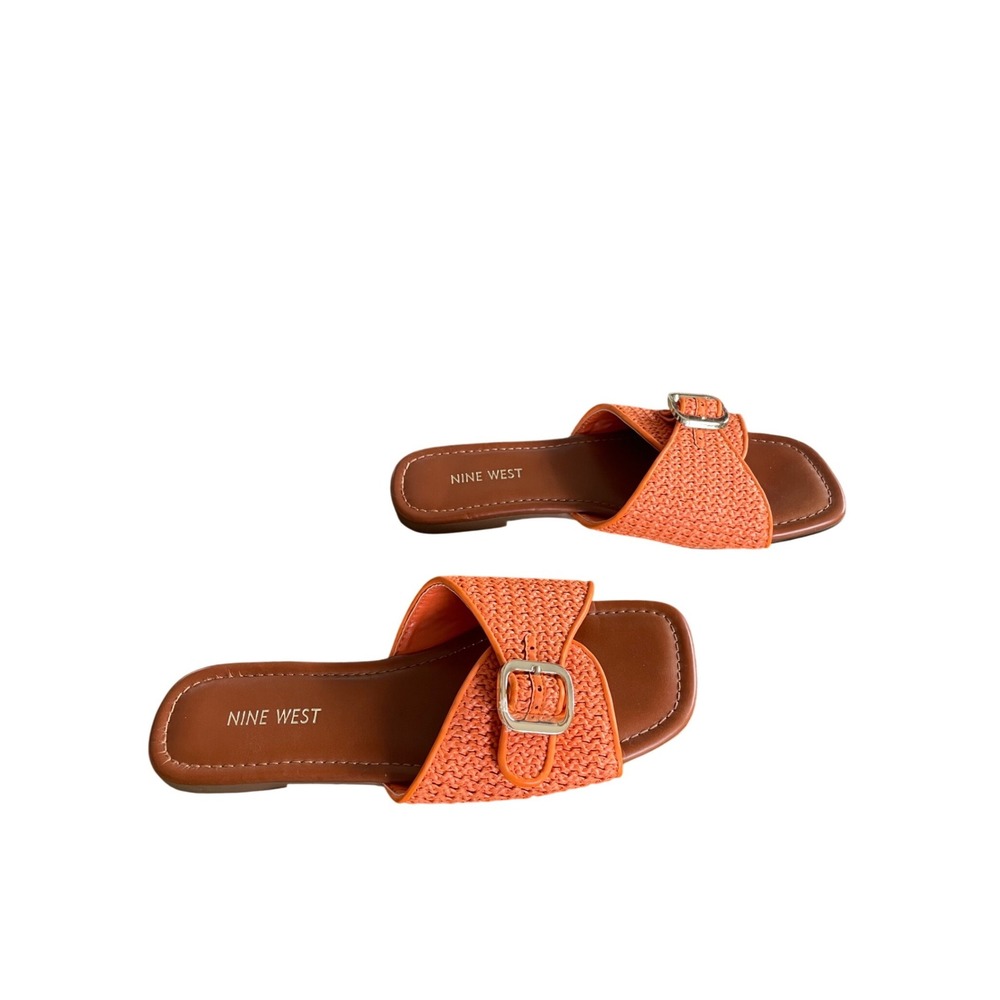 Nine West‎ Womens Orange Woven Buckle Slide Sandals Flat Square Toe 8.5M